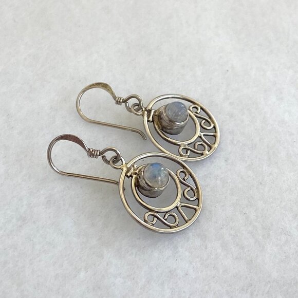 Sterling Silver 925 Round Moonstone Cabochon Round Scrollwork Dangle Earrings - Picture 12 of 16